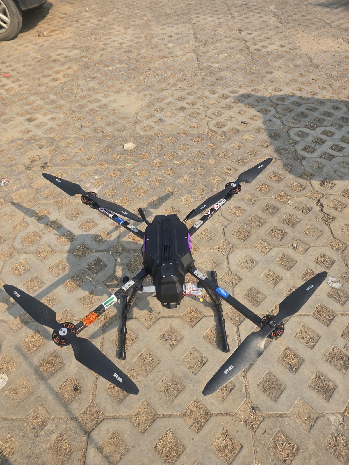 Custom quadcopter drone during a field test